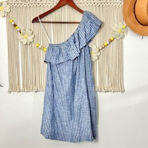 Madewell One Shoulder Linen Blend Blue White Stripe Dress with Pockets Size XS